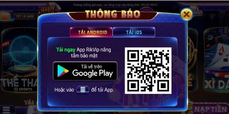 Cấu hình thiết bị tải app Rikvip