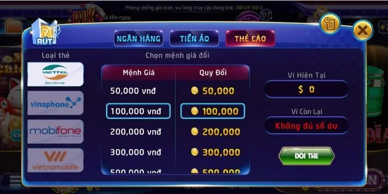 Quy trình đổi thưởng sang thẻ cào